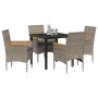 Juego de Comedor de Jardín de 5 Piezas con Cojines de Poliratán Gris, Mesa de Jardín Negra 80x80x73 cm de Cristal Templado de...