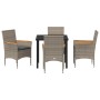 Juego de Comedor de Jardín de 5 Piezas con Cojines de Poliratán Gris, Mesa de Jardín Negra 80x80x73 cm de Cristal Templado de...