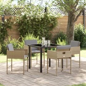 Conjunto de Comedor de Jardín de 5 Piezas con Cojines Beige Ratán Poli, Mesa de Jardín Negra 160x80x73 cm Vidrio Templado de ...
