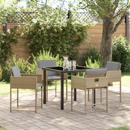 Conjunto de Comedor de Jardín de 5 Piezas con Cojines Beige Ratán Poli, Mesa de Jardín Negra 160x80x73 cm Vidrio Templado de ...
