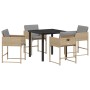 Conjunto de Comedor de Jardín de 5 Piezas con Cojines Beige Ratán Poli, Mesa de Jardín Negra 160x80x73 cm Vidrio Templado de ...