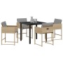 Conjunto de Comedor de Jardín de 5 Piezas con Cojines Beige Ratán Poli, Mesa de Jardín Negra 160x80x73 cm Vidrio Templado de ...
