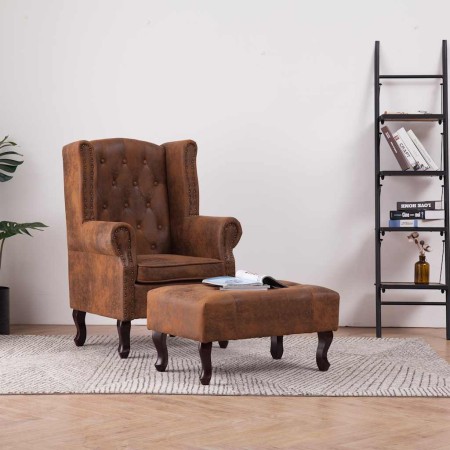 Sillón Chesterfield y reposapiés cuero ante artificial marrón en Sillones | Comprar online en Foru.es
