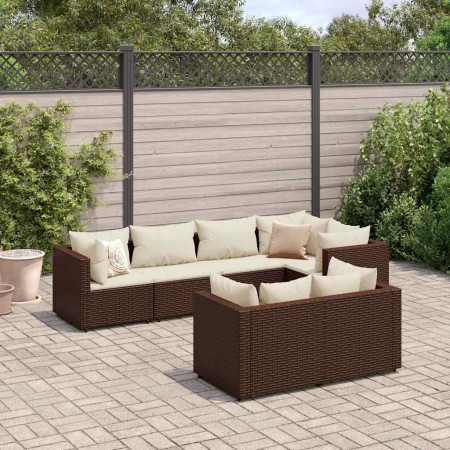 Set muebles de jardín 7 piezas y cojines ratán sintético marrón en Conjuntos de jardín | Comprar online en Foru.es