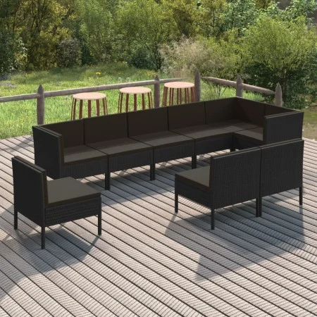 Set de muebles de jardín 9 pzas cojines ratán sintético negro de vidaXL, Conjuntos de jardín - Ref: Foro24-3094405, Precio: 7...