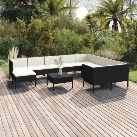Set muebles de jardín 11 pzas y cojines ratán sintético negro de vidaXL, Conjuntos de jardín - Ref: Foro24-3094504, Precio: 9...