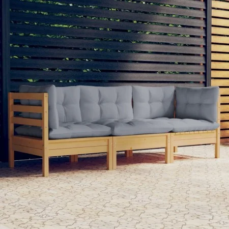 3-seater garden sofa with solid gray pine wood cushions by vidaXL, Outdoor sofas - Ref: Foro24-3096099, Price: 250,05 €, Disc...