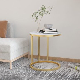 Mesa auxiliar vidrio templado dorado y mármol blanco 45 cm en Mesas auxiliares | Comprar online en Foru.es