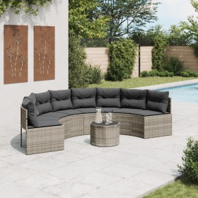 Sofá de jardín semicircular con mesa y cojines ratán PE gris en Sofás de exterior | Comprar online en Foru.es