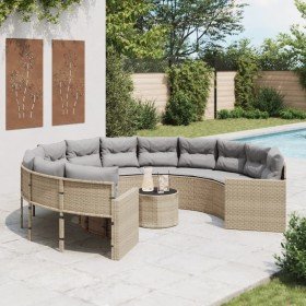 Sofá de jardín redondo con mesa y cojines ratán PE beige en Sofás de exterior | Comprar online en Foru.es