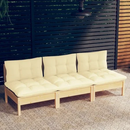 3-seater garden sofa with solid cream pine wood cushions by vidaXL, Outdoor sofas - Ref: Foro24-3096076, Price: 233,19 €, Dis...