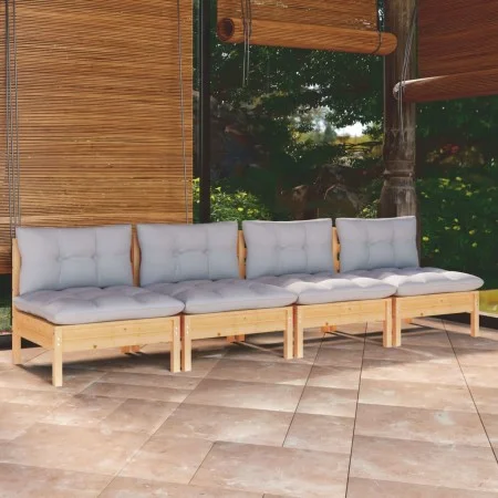 4-seater garden sofa with solid gray pine wood cushions by vidaXL, Outdoor sofas - Ref: Foro24-3096123, Price: 296,92 €, Disc...