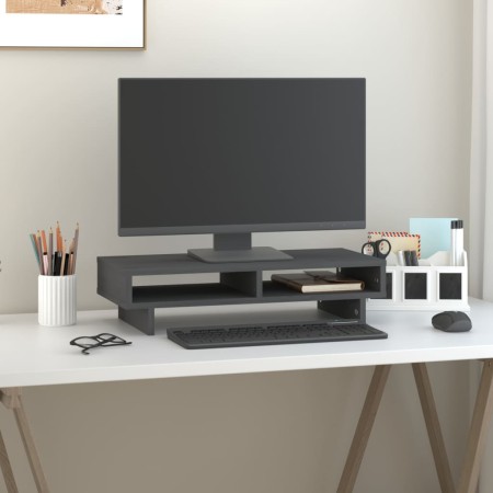Soporte para monitor madera maciza de pino gris 60x27x14 cm de vidaXL, Bases y elevadores para ordenadores - Ref: Foro24-8140...