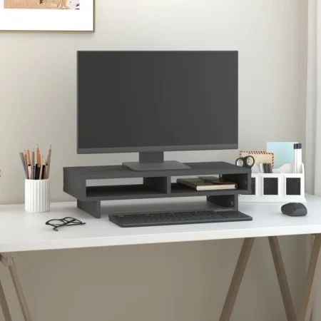 Soporte para monitor madera maciza de pino gris 60x27x14 cm de vidaXL, Bases y elevadores para ordenadores - Ref: Foro24-8140...