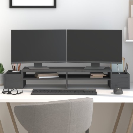 Soporte para monitor madera maciza de pino gris 100x27,5x15 cm de vidaXL, Bases y elevadores para ordenadores - Ref: Foro24-8...