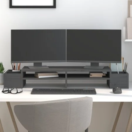 Soporte para monitor madera maciza de pino gris 100x27,5x15 cm de vidaXL, Bases y elevadores para ordenadores - Ref: Foro24-8...