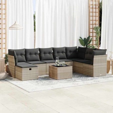 Set muebles jardín 9 pzas y cojines ratán sintético gris claro en Conjuntos de jardín | Comprar online en Foru.es