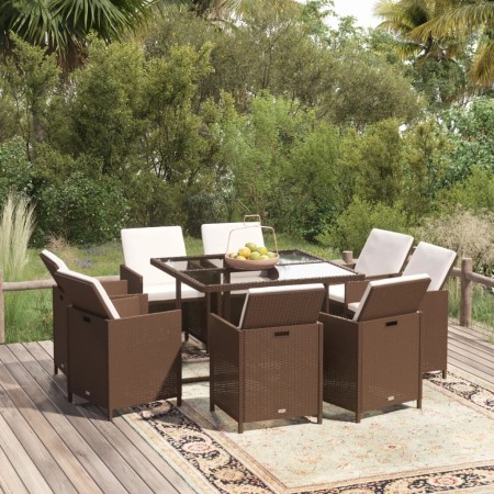 Set de comedor jardín 9 pzas y cojines ratán sintético marrón de vidaXL, Conjuntos de jardín - Ref: Foro24-3095513, Precio: 6...