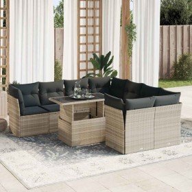 Set muebles jardín 9 pzas y cojines ratán sintético gris claro en Conjuntos de jardín | Comprar online en Foru.es