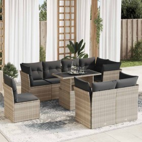 Set muebles jardín 9 pzas y cojines ratán sintético gris claro en Conjuntos de jardín | Comprar online en Foru.es