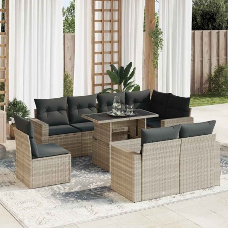 Set muebles jardín 9 pzas y cojines ratán sintético gris claro en Conjuntos de jardín | Comprar online en Foru.es