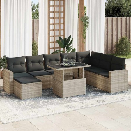 Set muebles jardín 9 pzas y cojines ratán sintético gris claro en Conjuntos de jardín | Comprar online en Foru.es