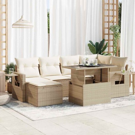 Set sofás de jardín 7 piezas y cojines ratán sintético beige en Conjuntos de jardín | Comprar online en Foru.es