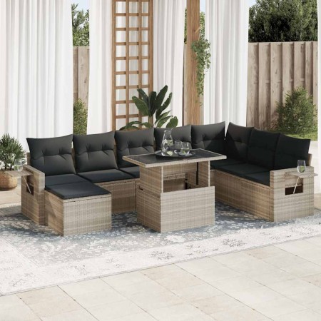 Set muebles jardín 9 pzas y cojines ratán sintético gris claro en Conjuntos de jardín | Comprar online en Foru.es