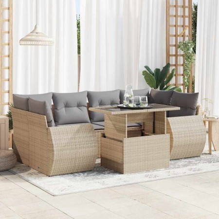 Set sofás de jardín 7 piezas y cojines ratán sintético beige en Conjuntos de jardín | Comprar online en Foru.es
