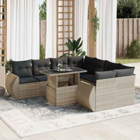 Set muebles jardín 9 pzas y cojines ratán sintético gris claro en Conjuntos de jardín | Comprar online en Foru.es