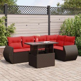 Juego Sofá Jardín 6 Piezas con Cojines Marrón Poli Ratán Acacia en Conjuntos de jardín | Comprar online en Foru.es