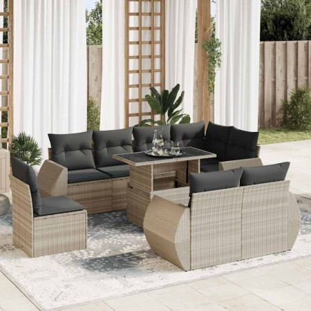 Set muebles jardín 9 pzas y cojines ratán sintético gris claro en Conjuntos de jardín | Comprar online en Foru.es