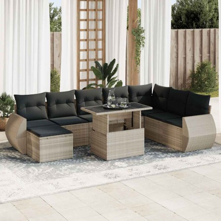 Set muebles jardín 9 pzas y cojines ratán sintético gris claro en Conjuntos de jardín | Comprar online en Foru.es