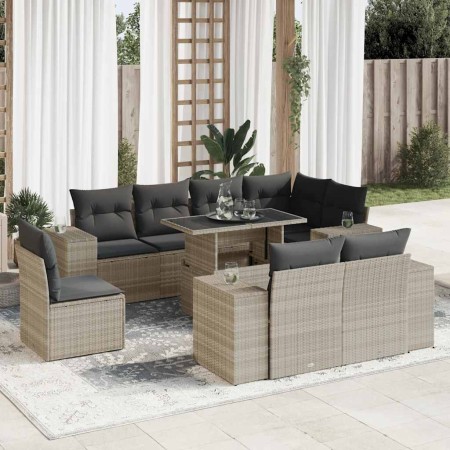 Set muebles jardín 9 pzas y cojines ratán sintético gris claro en Conjuntos de jardín | Comprar online en Foru.es