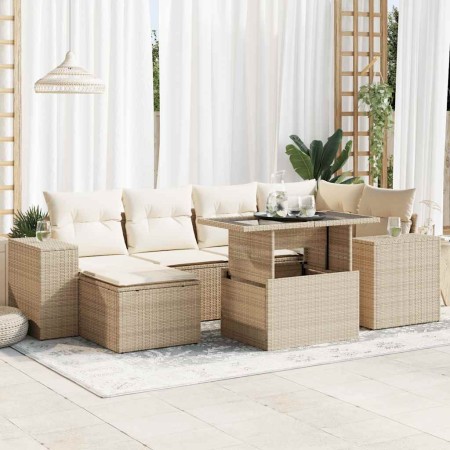 Set sofás de jardín 7 piezas y cojines ratán sintético beige en Conjuntos de jardín | Comprar online en Foru.es