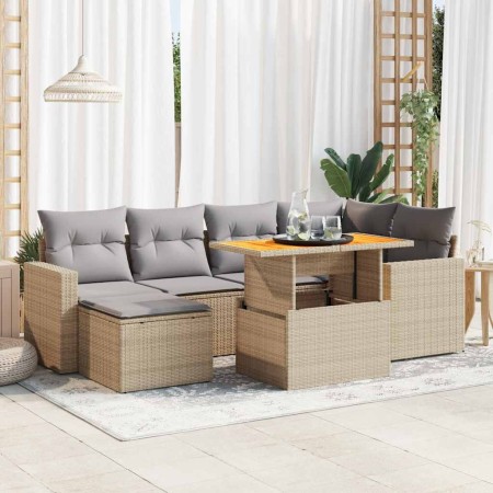 Set sofás de jardín 7 piezas y cojines ratán sintético beige en Conjuntos de jardín | Comprar online en Foru.es