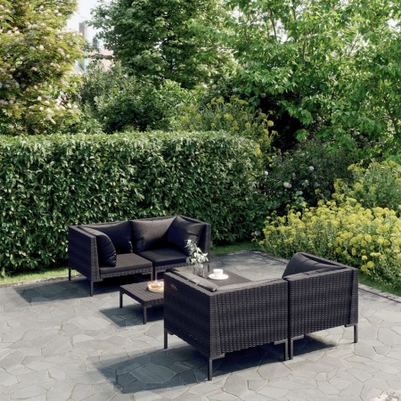 Sofás de jardín 5 pzas y cojines ratán sintético gris oscuro de vidaXL, Conjuntos de jardín - Ref: Foro24-3099798, Precio: 35...