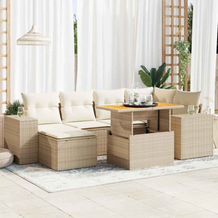 Set sofás de jardín 7 piezas y cojines ratán sintético beige en Conjuntos de jardín | Comprar online en Foru.es