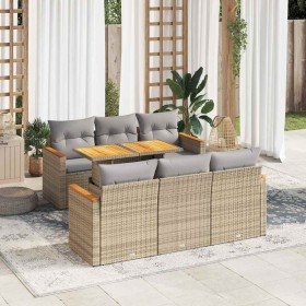 Set sofás jardín y cojines 7 pzas ratán sintético acacia beige en Conjuntos de jardín | Comprar online en Foru.es