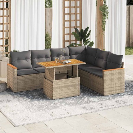 Set sofás jardín y cojines 7 pzas ratán sintético acacia beige en Conjuntos de jardín | Comprar online en Foru.es