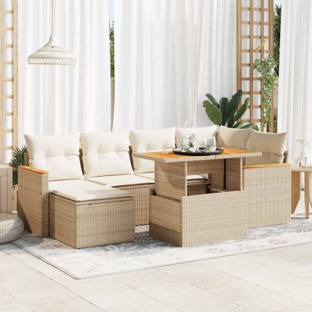 Set sofás jardín y cojines 7 pzas ratán sintético acacia beige en Conjuntos de jardín | Comprar online en Foru.es