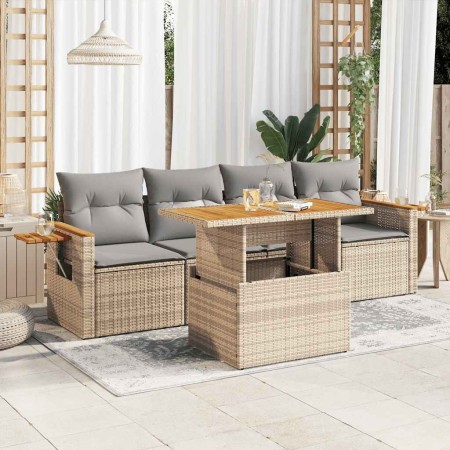 Set sofás jardín y cojines 5 pzas ratán sintético acacia beige en Conjuntos de jardín | Comprar online en Foru.es