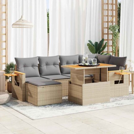 Set sofás jardín y cojines 7 pzas ratán sintético acacia beige en Conjuntos de jardín | Comprar online en Foru.es