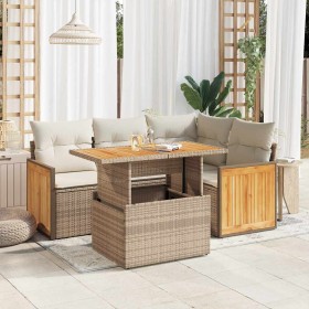 Set sofás jardín y cojines 5 pzas ratán sintético acacia beige en Conjuntos de jardín | Comprar online en Foru.es