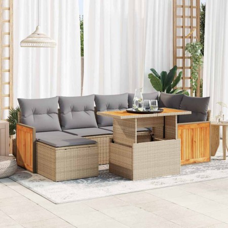 Set sofás jardín y cojines 7 pzas ratán sintético acacia beige en Conjuntos de jardín | Comprar online en Foru.es