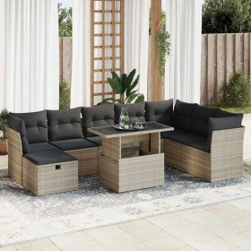 Set muebles jardín 9 pzas y cojines ratán sintético gris claro en Conjuntos de jardín | Comprar online en Foru.es