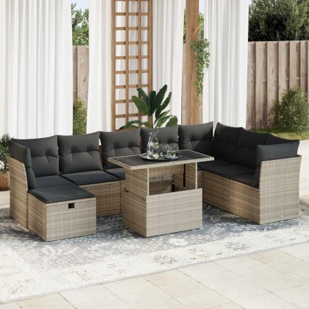 Set muebles jardín 9 pzas y cojines ratán sintético gris claro en Conjuntos de jardín | Comprar online en Foru.es