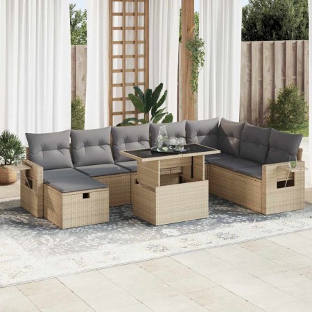 Set de sofás de jardín con cojines 9 pzas ratán sintético beige en Conjuntos de jardín | Comprar online en Foru.es
