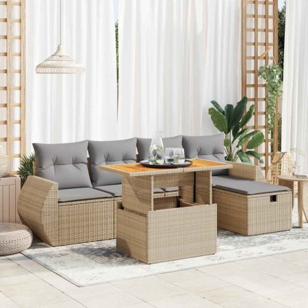 Set sofás jardín y cojines 6 pzas ratán sintético acacia beige en Conjuntos de jardín | Comprar online en Foru.es