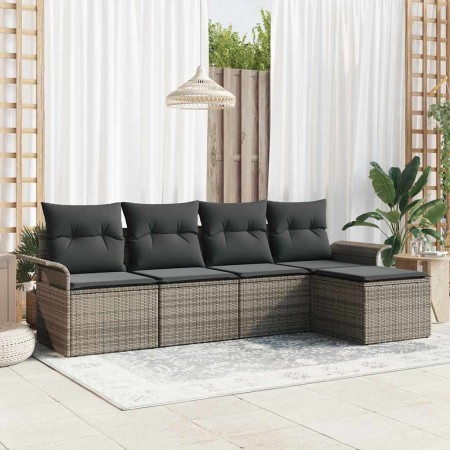 Conjunto de sofá de jardín con cojín 5 pcs Gris Poliratán en Sofás de exterior | Comprar online en Foru.es